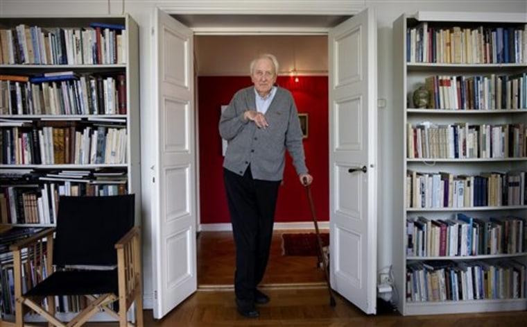 CAPTION CORRECTION, CORRECTS DATE - FILE - In this March 31, 2011 file photo, Swedish poet Tomas Transtromer poses for a photograph at his home in Stockholm, Sweden. The 2011 Nobel Prize in literature was awarded Thursday, Oct. 6, 2011 to Tomas Transtromer, a Swedish poet whose surrealistic works about the mysteries of the human mind won him acclaim as one of the most important Scandinavian writers since World War II. (AP Photo/Scanpix, Jessica Gow, File) SWEDEN OUT